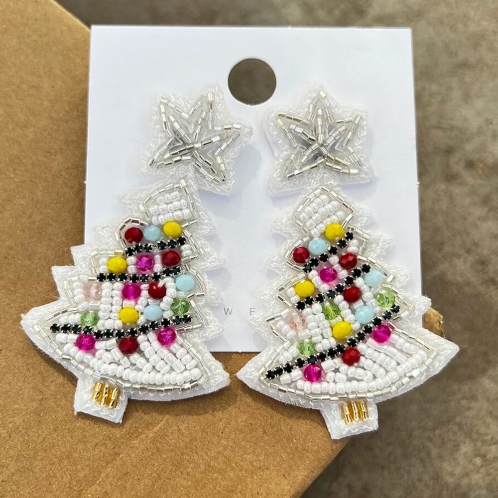 White Xmas tree seed bead earrings